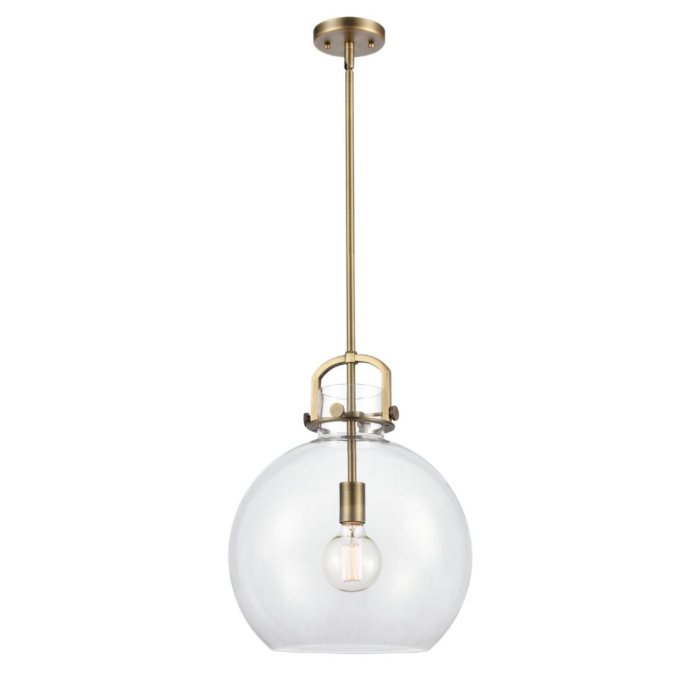 Innovations 410-1SL-BB-G410-14CL Newton Sphere - 1 Light 14" Stem Hung Pendant - Brushed Brass Finish - Clear Glass Shade