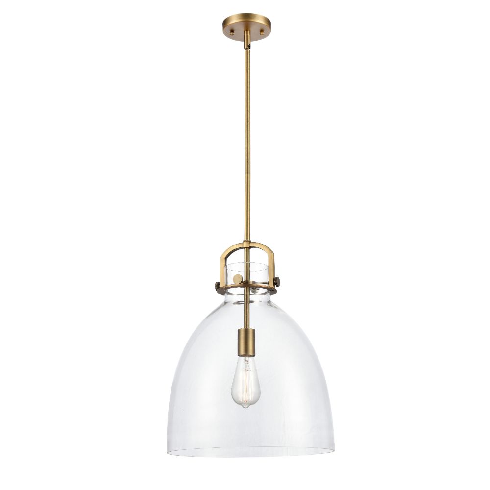 Innovations 410-1SL-BB-G412-14CL Newton Bell - 1 Light 14" Stem Hung Pendant - Brushed Brass Finish - Clear Glass Shade