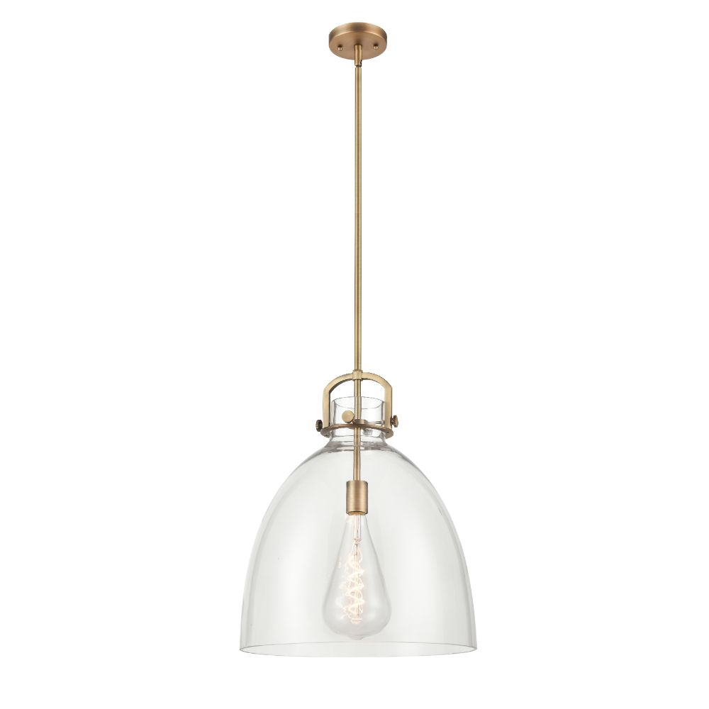 Innovations 410-1SL-BB-G412-16CL Newton Bell - 1 Light 16" Stem Hung Pendant - Brushed Brass Finish - Clear Glass Shade