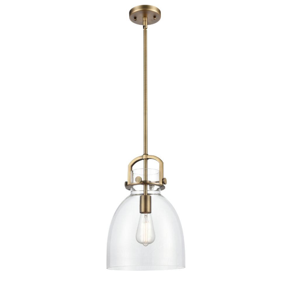 Innovations 410-1SM-BB-G412-10CL Newton Bell - 1 Light 10" Stem Hung Pendant - Brushed Brass Finish - Clear Glass Shade