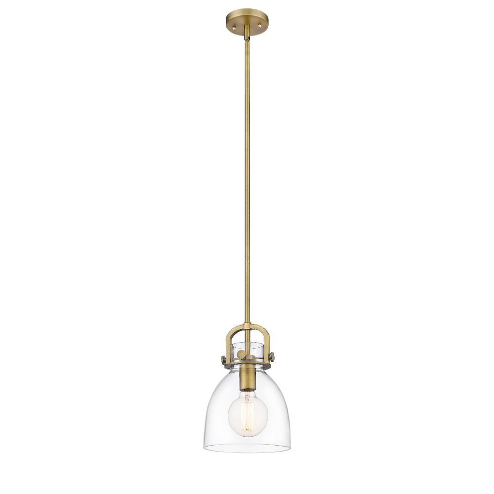 Innovations 410-1SS-BB-G412-8CL Newton Bell - 1 Light 8" Stem Hung Pendant - Brushed Brass Finish - Clear Glass Shade
