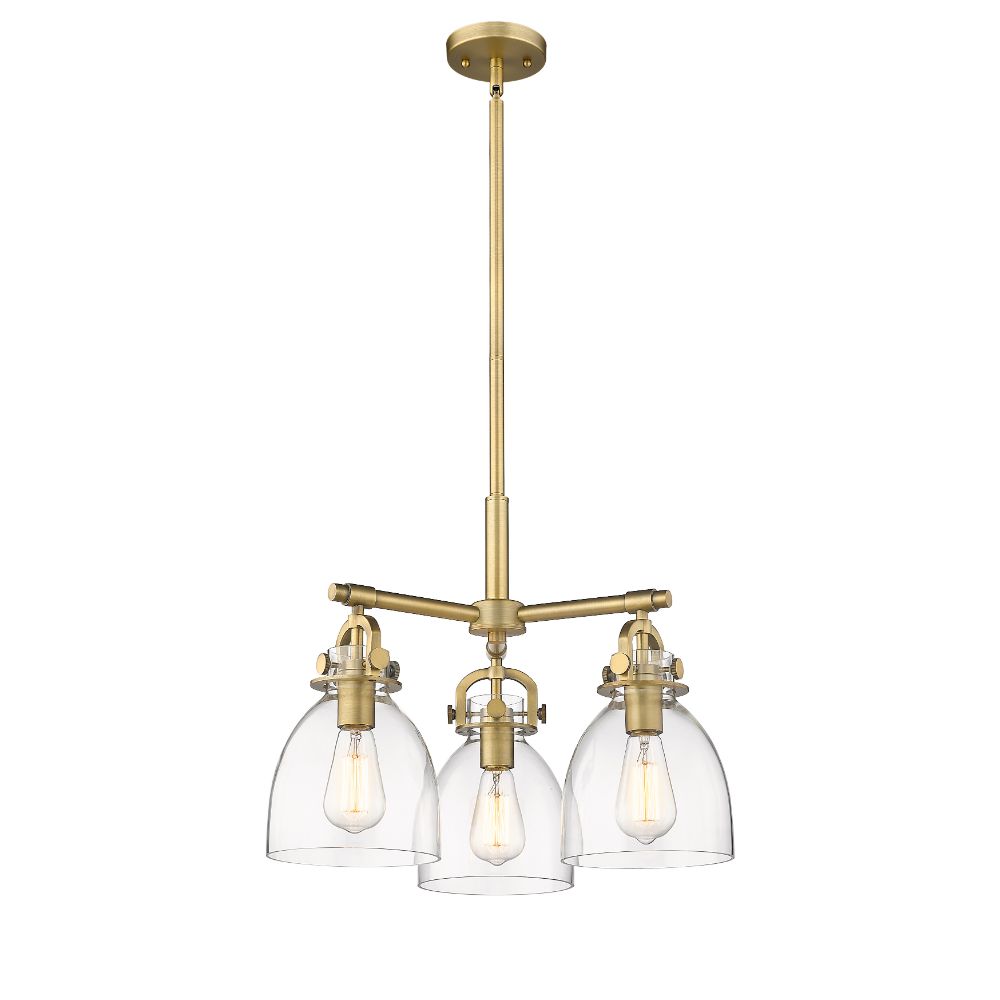 Innovations 410-3CR-BB-G412-7CL Newton Bell - 3 Light 7" Stem Hung Pendant - Brushed Brass Finish - Clear Glass Shade