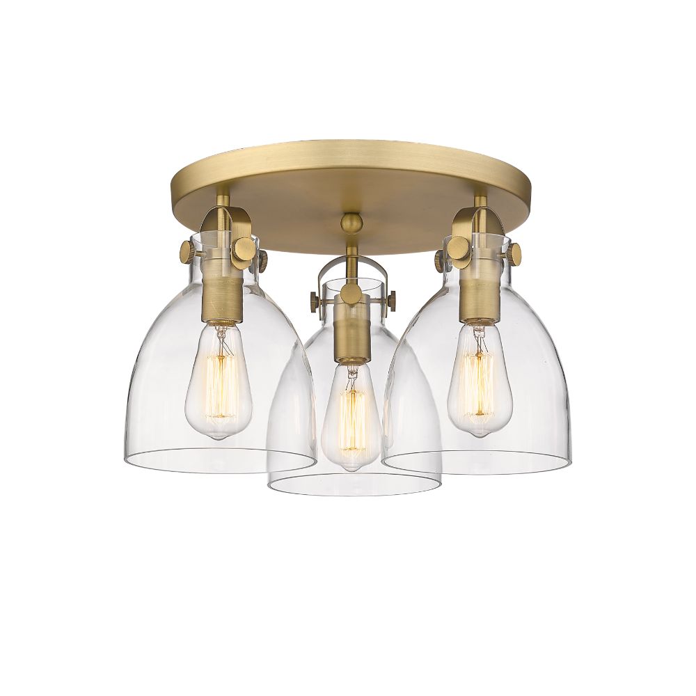 Innovations 410-3F-BB-G412-7CL Newton Bell - 3 Light 7" Flush Mount - Brushed Brass Finish - Clear Glass Shade