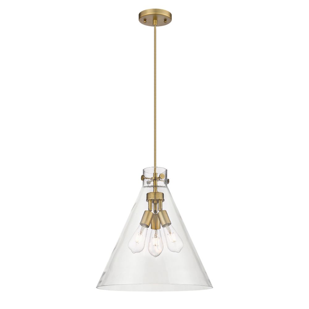 Innovations 410-3PL-BB-G411-18CL Newton Cone - 3 Light 18" Cord Hung Pendant - Brushed Brass Finish - Clear Glass Shade