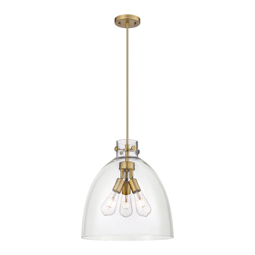Innovations 410-3PL-BB-G412-16CL Newton Bell - 3 Light 16" Cord Hung Pendant - Brushed Brass Finish - Clear Glass Shade