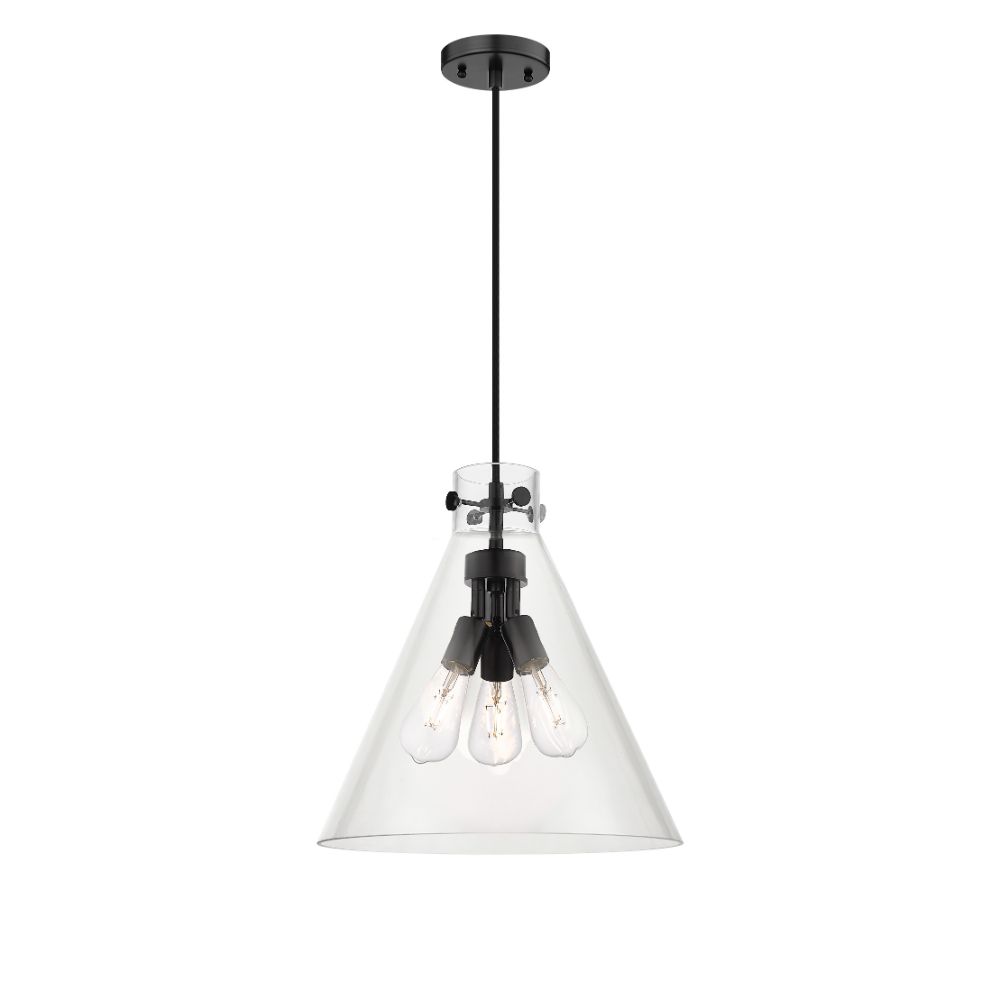 Innovations 410-3PL-BK-G411-16CL Newton Cone - 3 Light 16" Cord Hung Pendant - Matte Black Finish - Clear Glass Shade