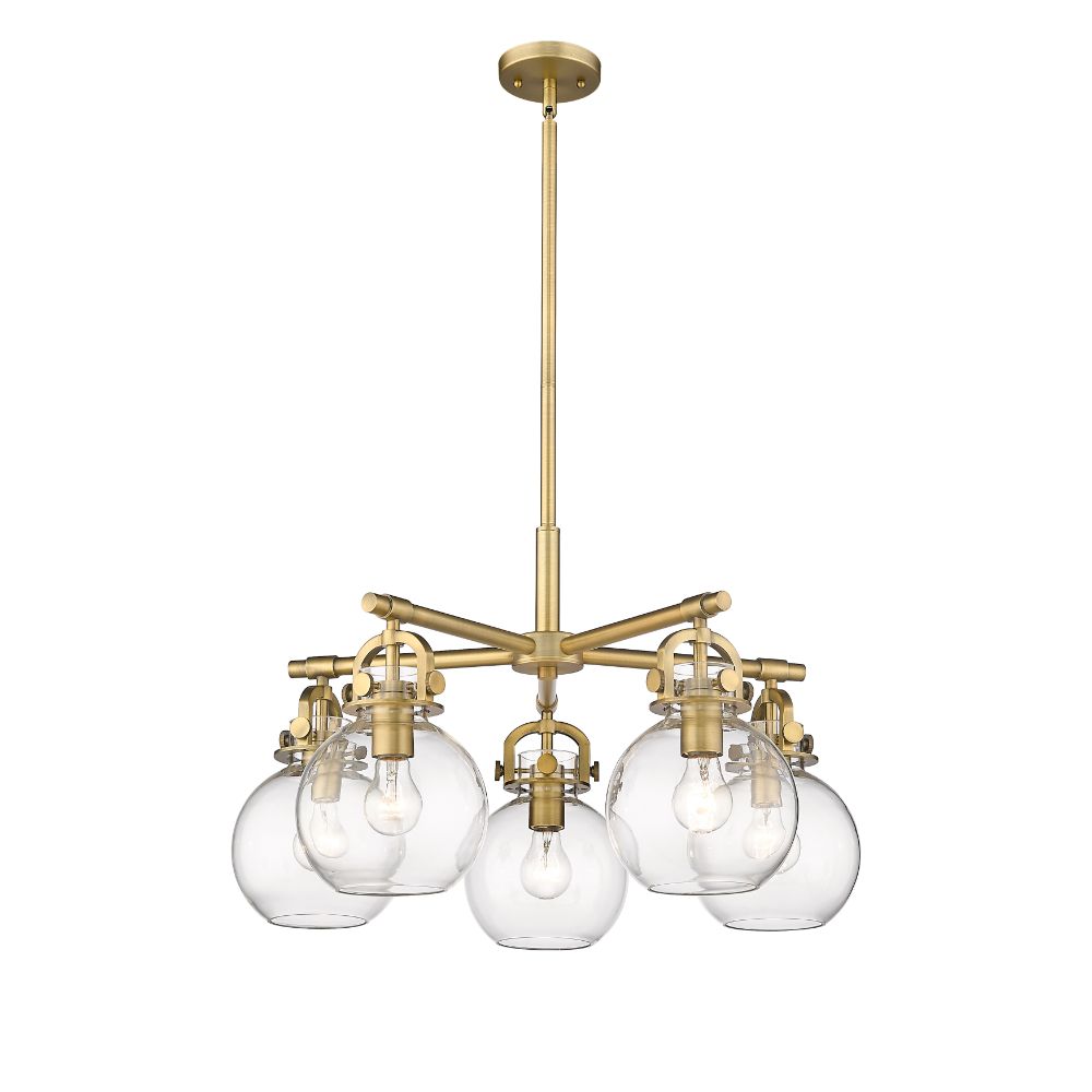 Innovations 410-5CR-BB-G410-7CL Newton Sphere - 5 Light 7" Stem Hung Chandelier - Brushed Brass Finish - Clear Glass Shade