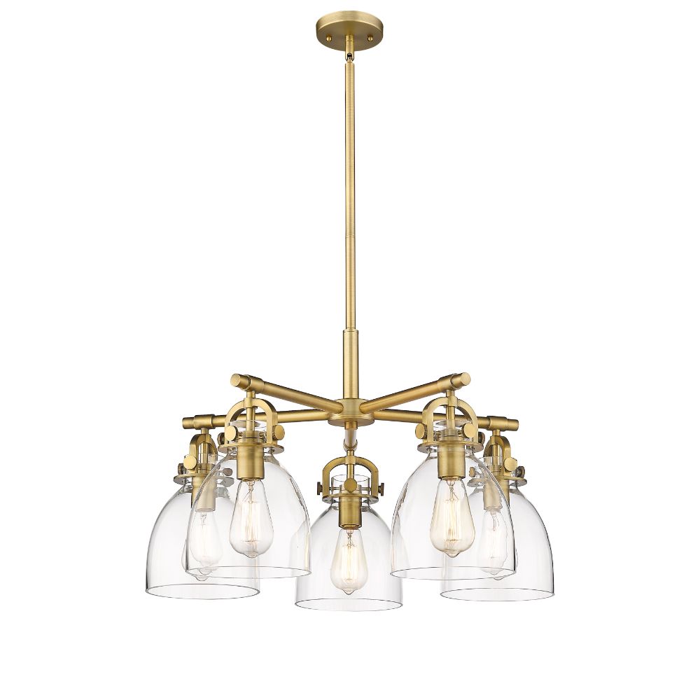 Innovations 410-5CR-BB-G412-7CL Newton Bell - 5 Light 7" Stem Hung Chandelier - Brushed Brass Finish - Clear Glass Shade