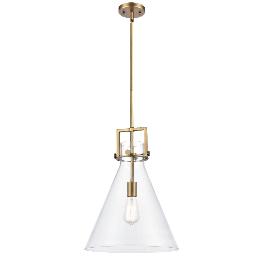 Innovations 411-1SL-BB-G411-14CL Newton Cone - 1 Light 14" Stem Hung Pendant - Brushed Brass Finish - Clear Glass Shade