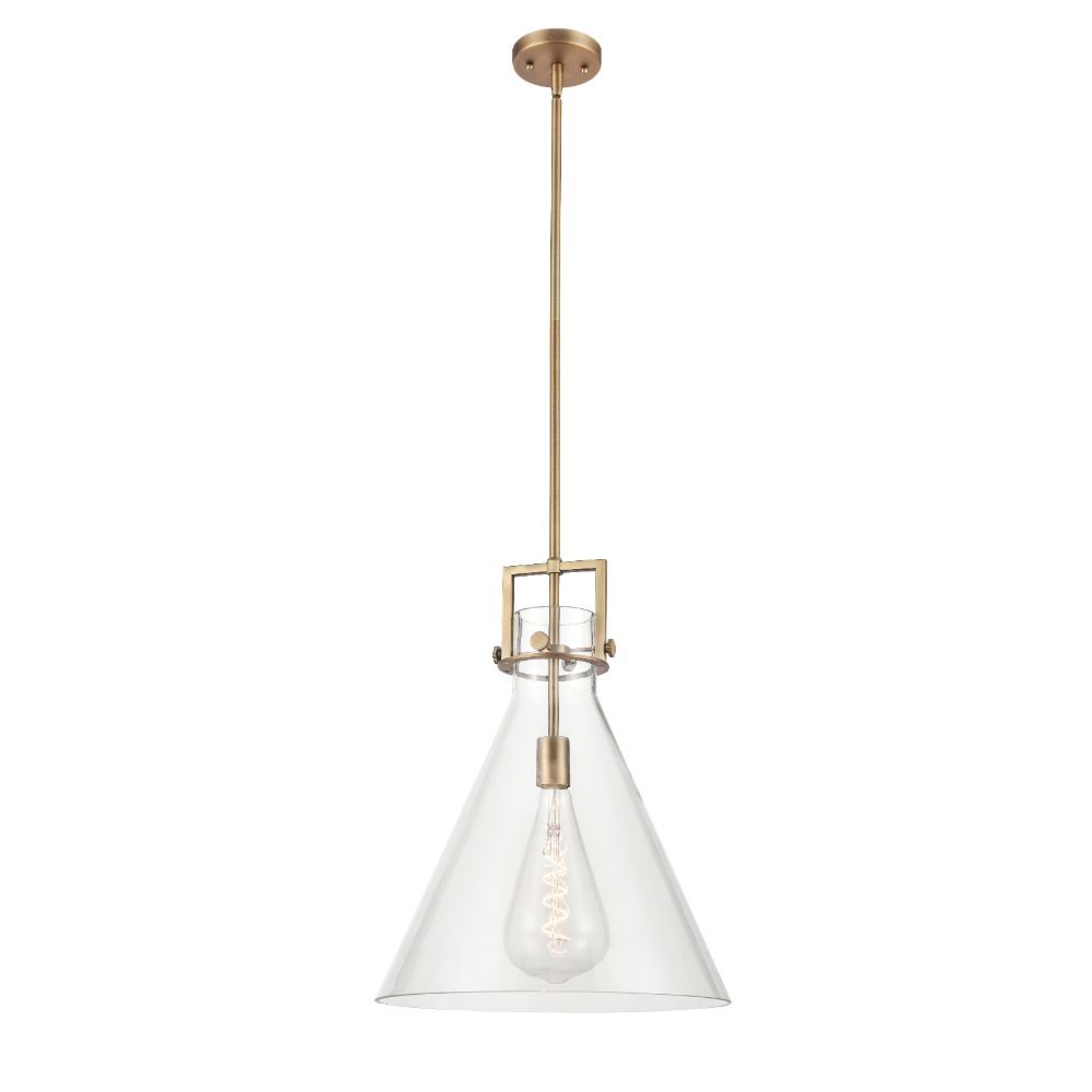Innovations 411-1SL-BB-G411-16CL Newton Cone - 1 Light 16" Stem Hung Pendant - Brushed Brass Finish - Clear Glass Shade