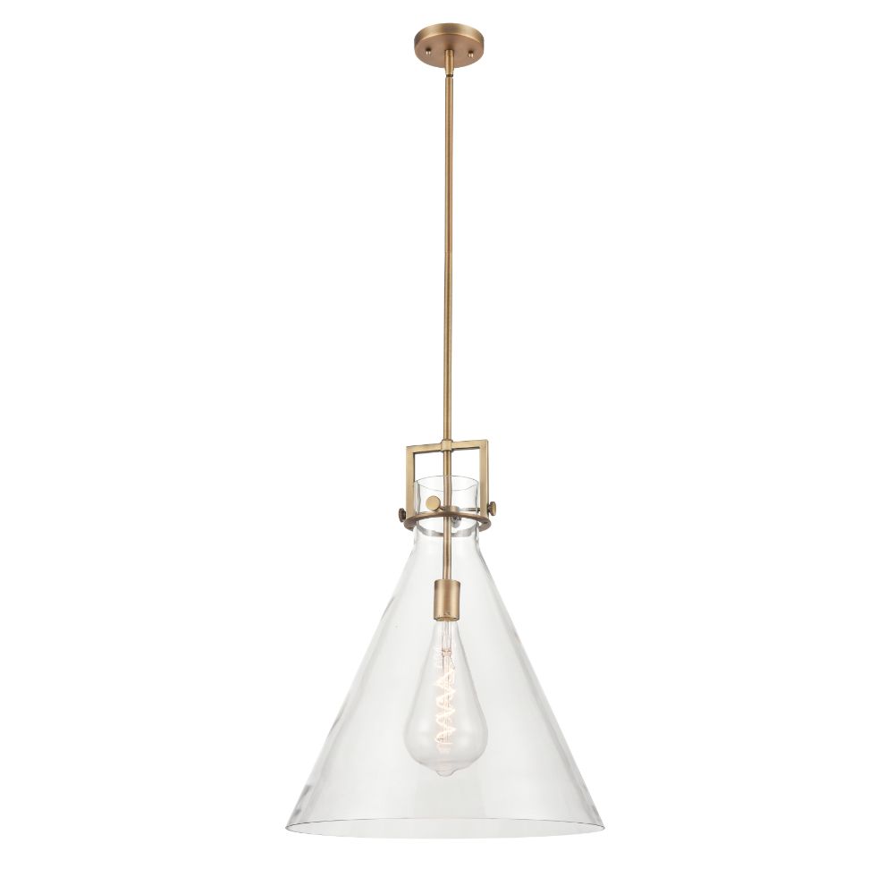Innovations 411-1SL-BB-G411-18CL Newton Cone - 1 Light 18" Stem Hung Pendant - Brushed Brass Finish - Clear Glass Shade