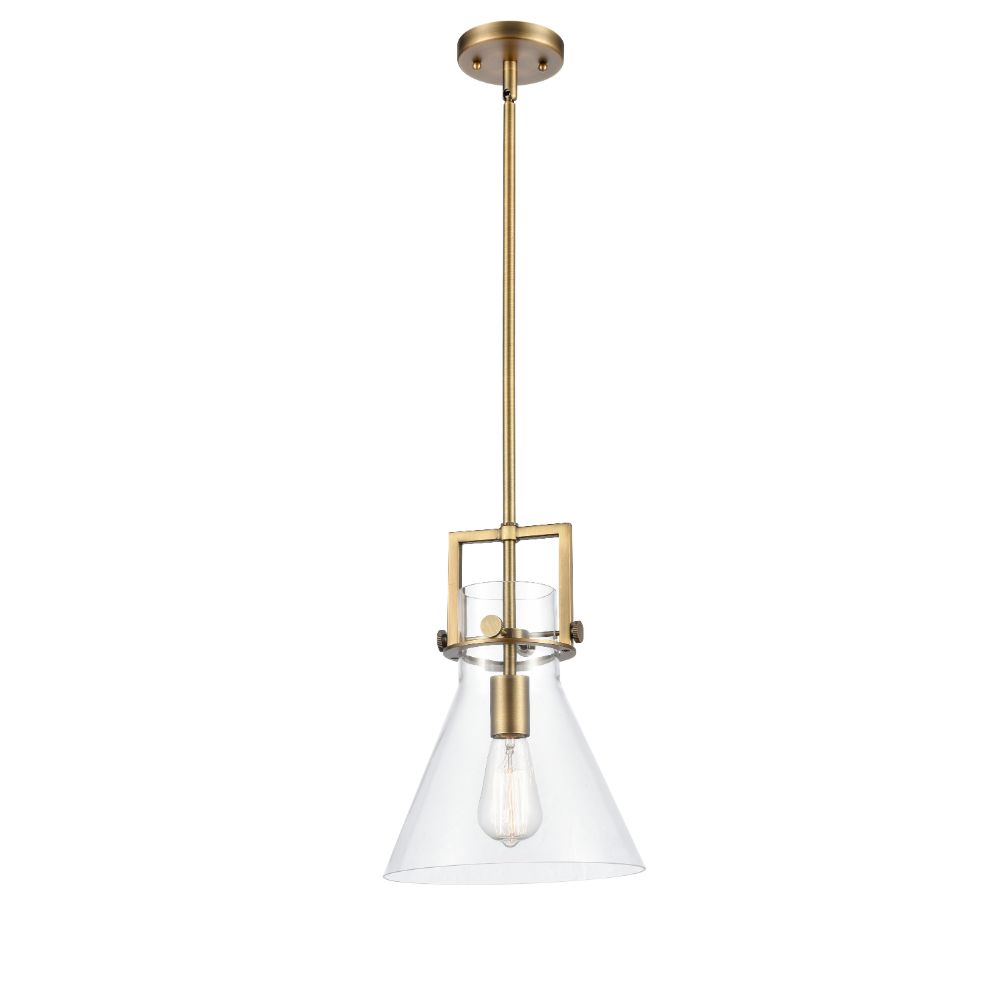 Innovations 411-1SM-BB-G411-10CL Newton Cone - 1 Light 10" Stem Hung Pendant - Brushed Brass Finish - Clear Glass Shade