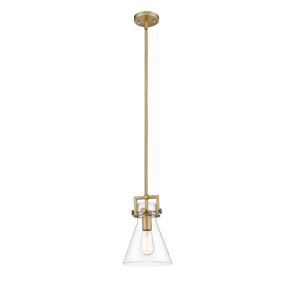 Innovations 411-1SS-BB-G411-8CL Newton Cone - 1 Light 8" Stem Hung Pendant - Brushed Brass Finish - Clear Glass Shade