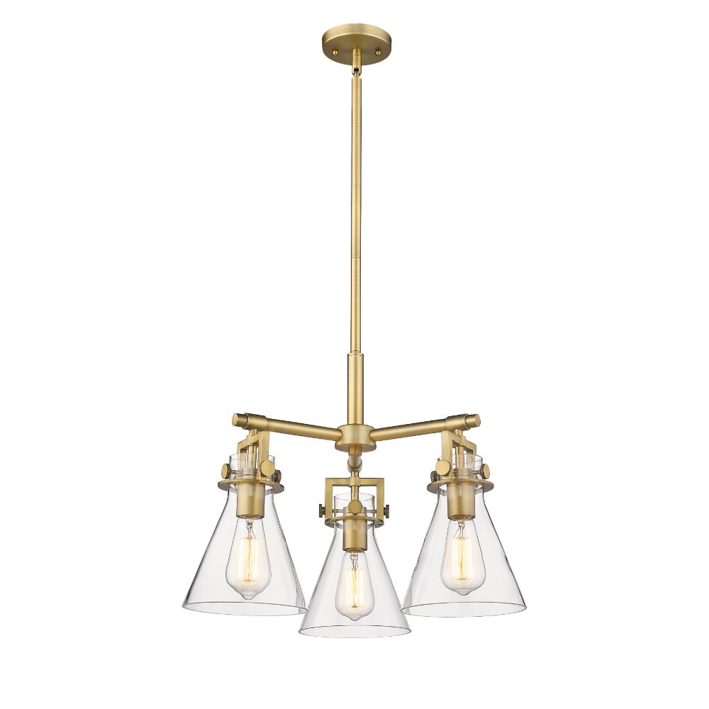 Innovations 411-3CR-BB-G411-7CL Newton Cone - 3 Light 7" Stem Hung Pendant - Brushed Brass Finish - Clear Glass Shade