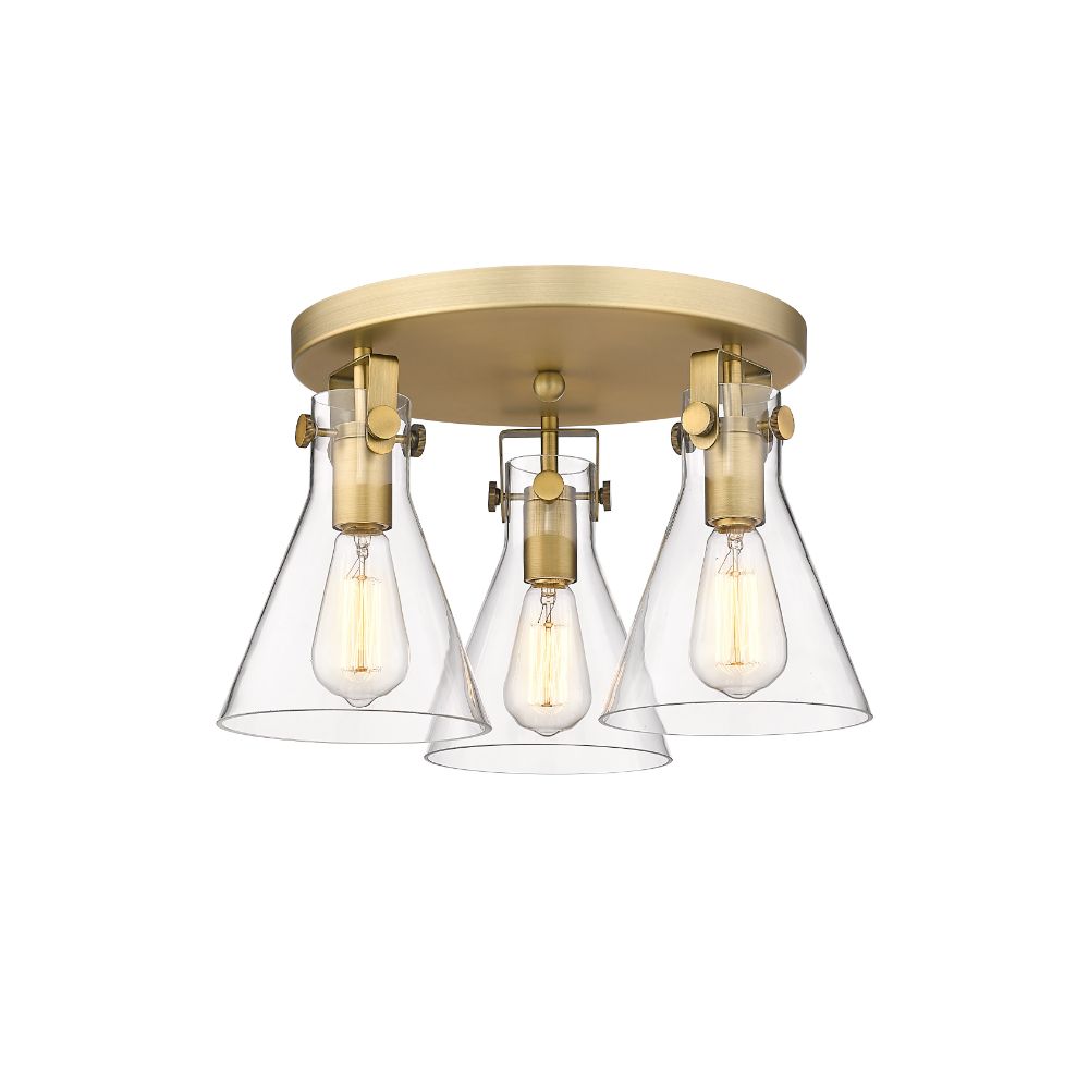 Innovations 411-3F-BB-G411-7CL Newton Cone - 3 Light 7" Flush Mount - Brushed Brass Finish - Clear Glass Shade