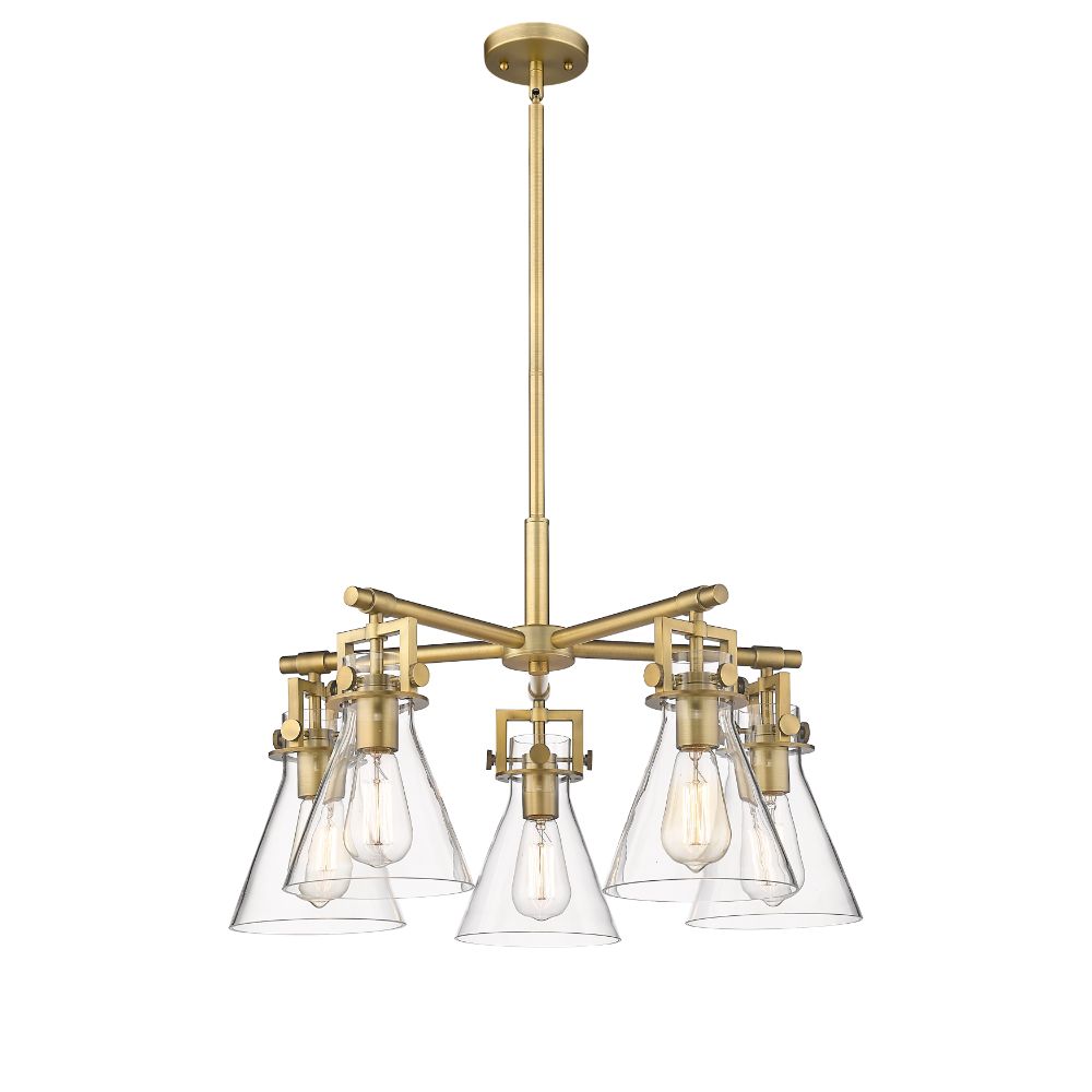 Innovations 411-5CR-BB-G411-7CL Newton Cone - 5 Light 7" Stem Hung Chandelier - Brushed Brass Finish - Clear Glass Shade