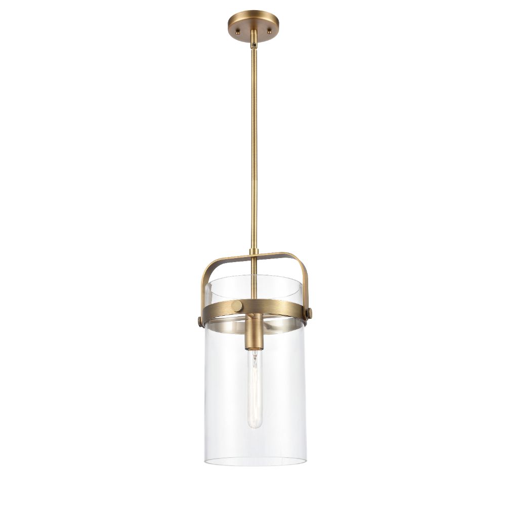 Innovations 413-1SM-BB-G413-1S-8CL Pilaster - 1 Light 8" Stem Hung Pendant - Brushed Brass Finish - Clear Glass Shade