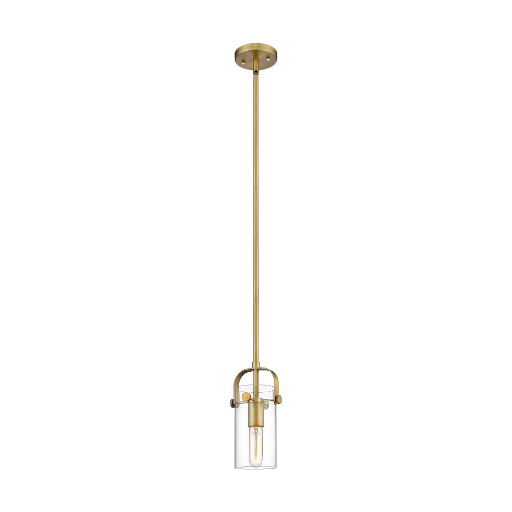 Innovations 423-1S-BB-G423-7CL Pilaster II Cylinder - 1 Light 7" Stem Hung Pendant - Brushed Brass Finish - Clear Glass Shade