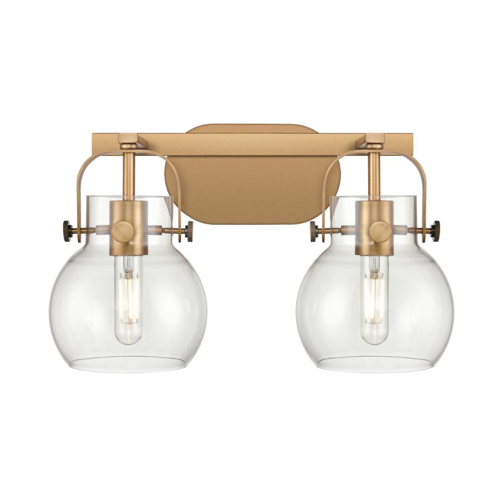 Innovations 423-2W-BB-G410-6CL Pilaster II Sphere - 2 Light 6" Wall-mounted Bath Vanity Light - Brushed Brass Finish - Clear Glass Shade