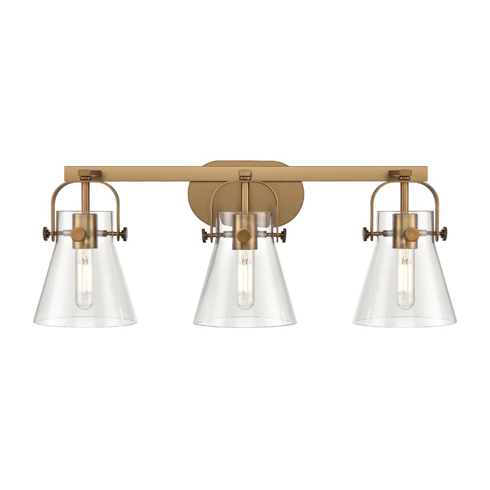 Innovations 423-3W-BB-G411-6CL Pilaster II Cone - 3 Light 6" Wall-mounted Bath Vanity Light - Brushed Brass Finish - Clear Glass Shade