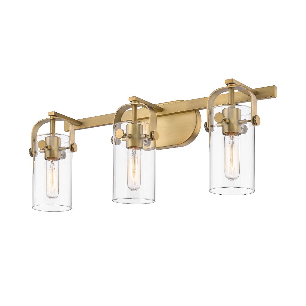 Innovations 423-3W-BB-G423-7CL Pilaster II Cylinder - 3 Light 7" Wall-mounted Bath Vanity Light - Brushed Brass Finish - Clear Glass Shade