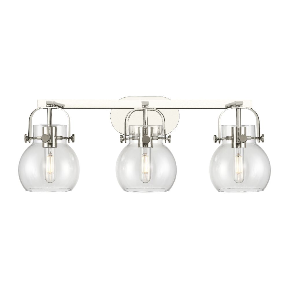Innovations 423-3W-PN-G410-6CL Pilaster II Sphere - 3 Light 6" Wall-mounted Bath Vanity Light - Polished Nickel Finish - Clear Glass Shade