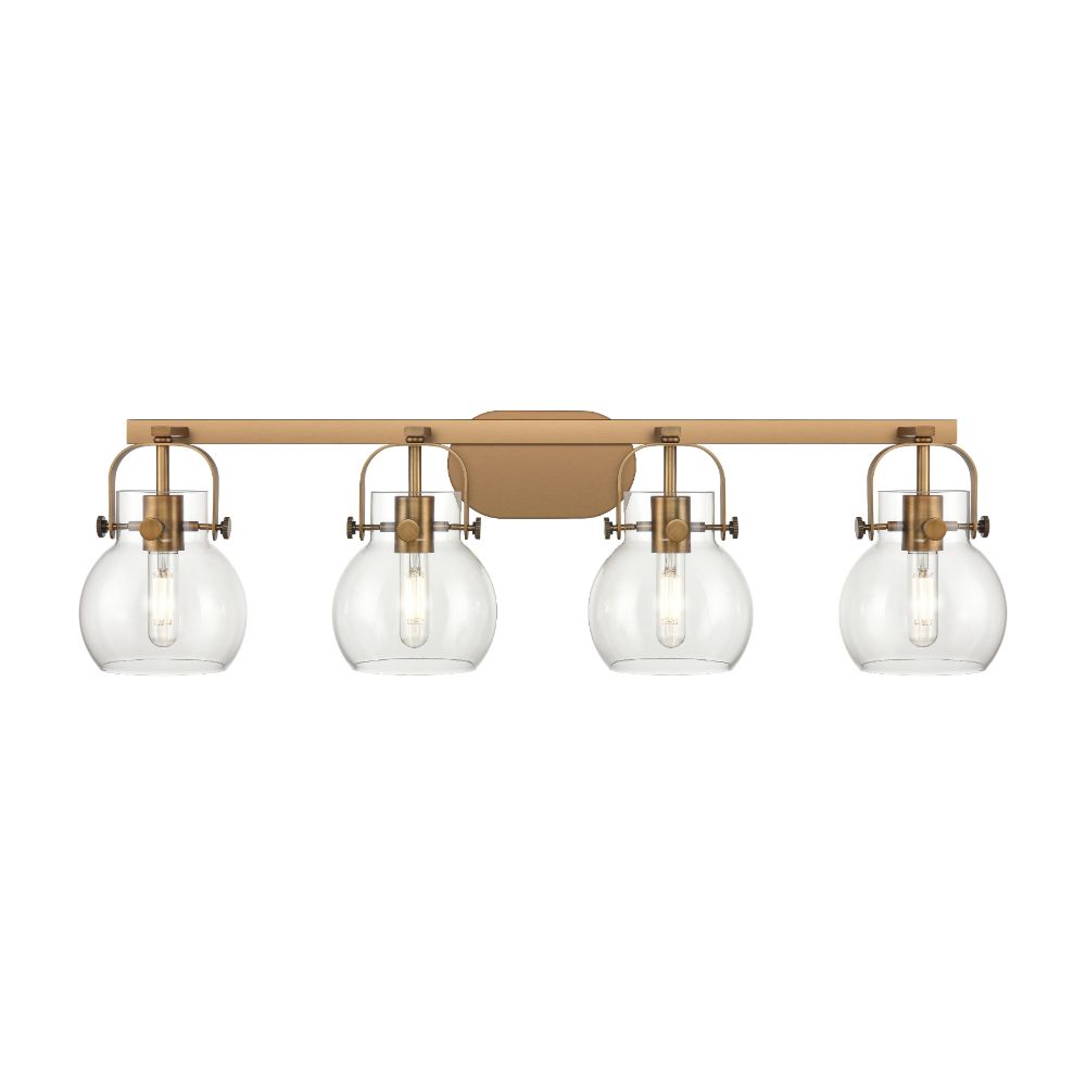 Innovations 423-4W-BB-G410-6CL Pilaster II Sphere - 4 Light 6" Wall-mounted Bath Vanity Light - Brushed Brass Finish - Clear Glass Shade