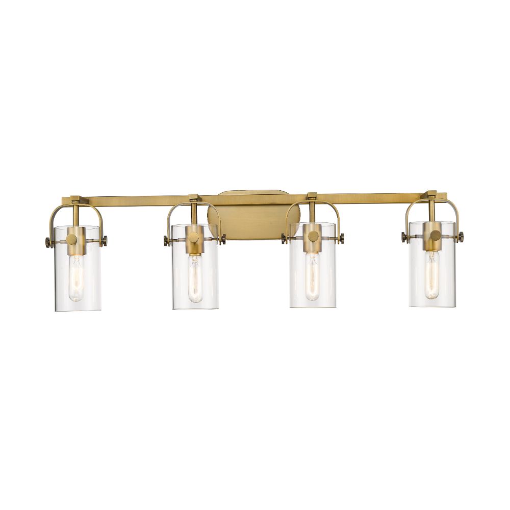 Innovations 423-4W-BB-G423-7CL Pilaster II Cylinder - 4 Light 7" Wall-mounted Bath Vanity Light - Brushed Brass Finish - Clear Glass Shade
