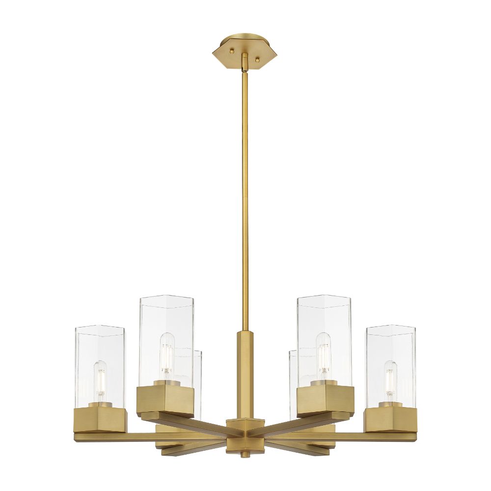 Innovations 427-6CR-BB-G427-9CL Claverack - 6 Light 9" Stem Hung Chandelier - Brushed Brass Finish - Clear Glass Shade