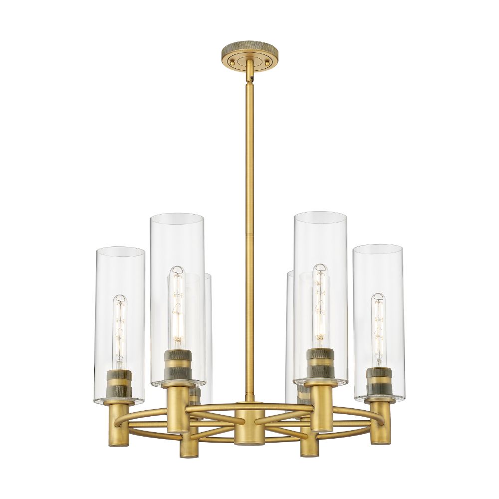 Innovations 434-6CR-BB-G434-12CL Crown Point - 6 Light 12" Stem Hung Chandelier - Brushed Brass Finish - Clear Glass Shade