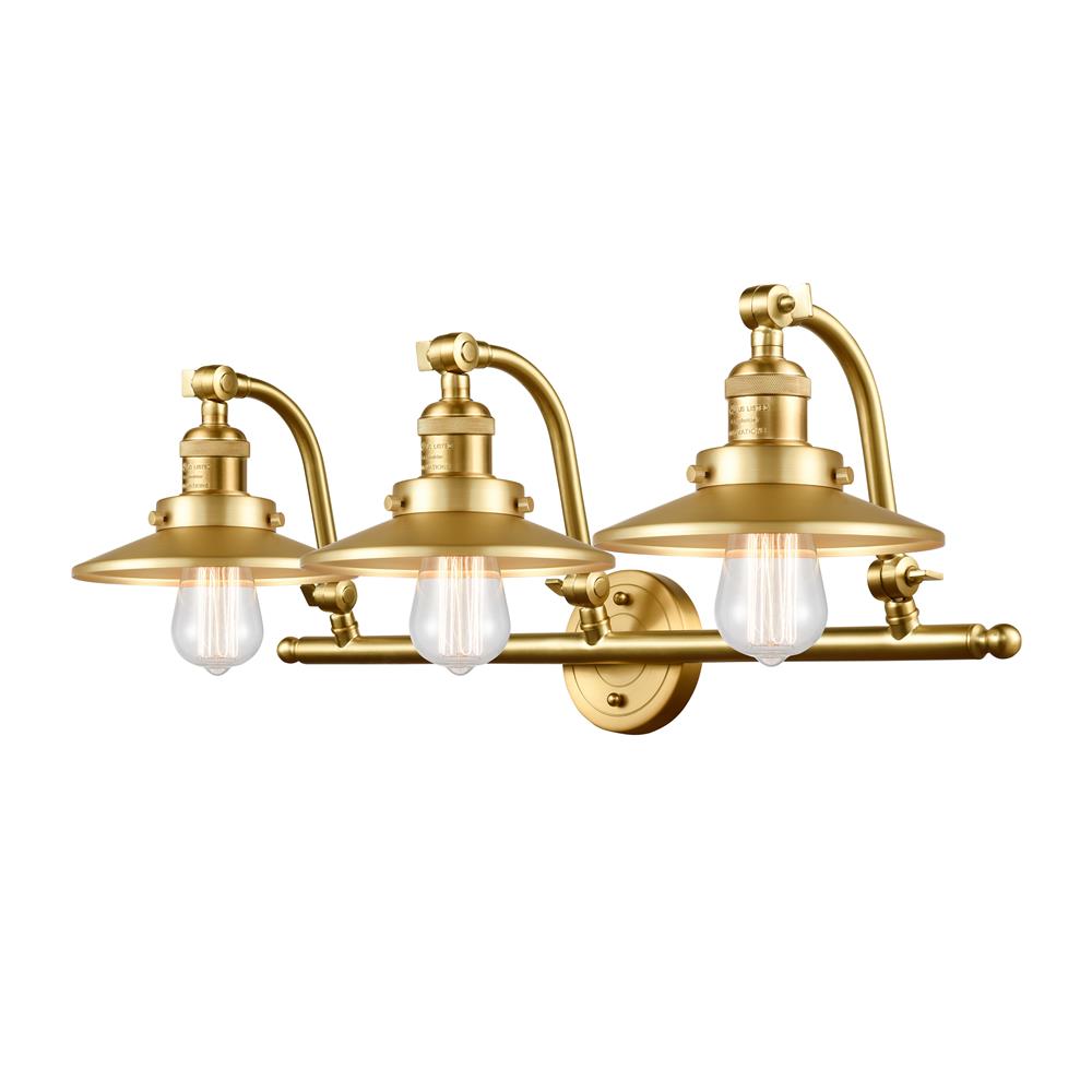 Innovations 515-3W-SG-M4-SG-LED Railroad 3 Light Bath Vanity Light in Satin Gold with Satin Gold Cone Metal Shade