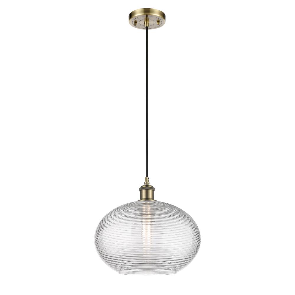 Innovations 516-1P-AB-G555-12CL Ballston - Ithaca - 1 Light 12" Cord Hung Mini Pendant - Antique Brass Finish - Clear Ithaca Shade