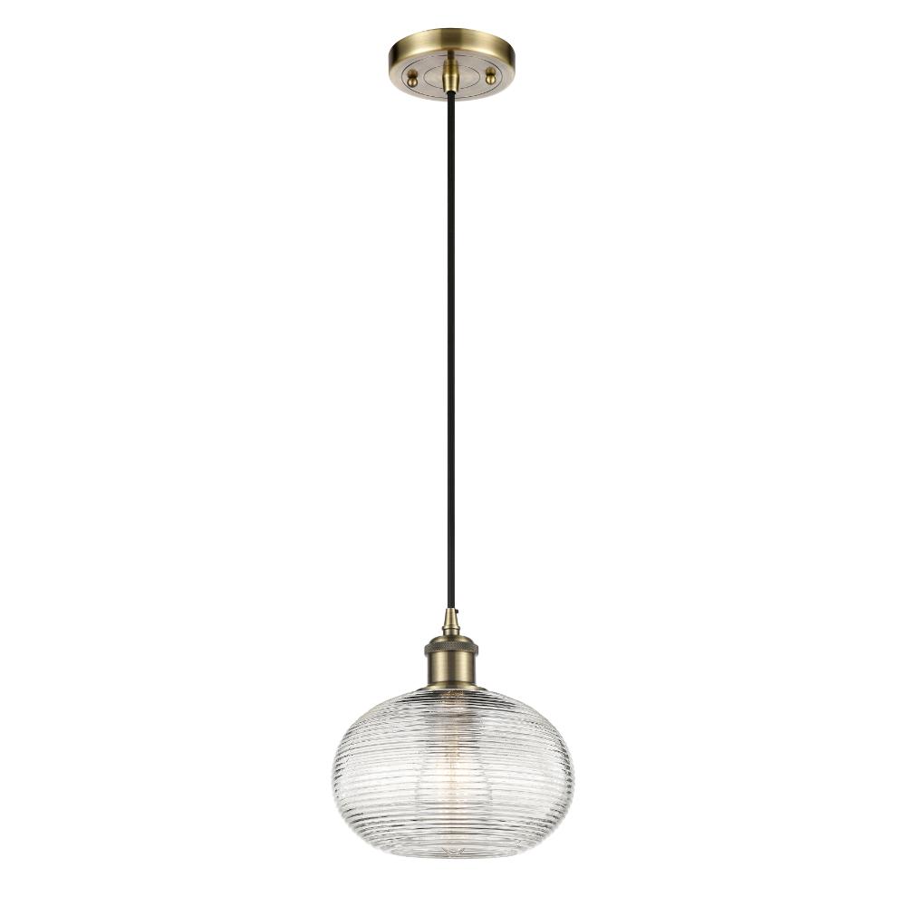 Innovations 516-1P-AB-G555-8CL Ballston - Ithaca - 1 Light 8" Cord Hung Mini Pendant - Antique Brass Finish - Clear Ithaca Shade