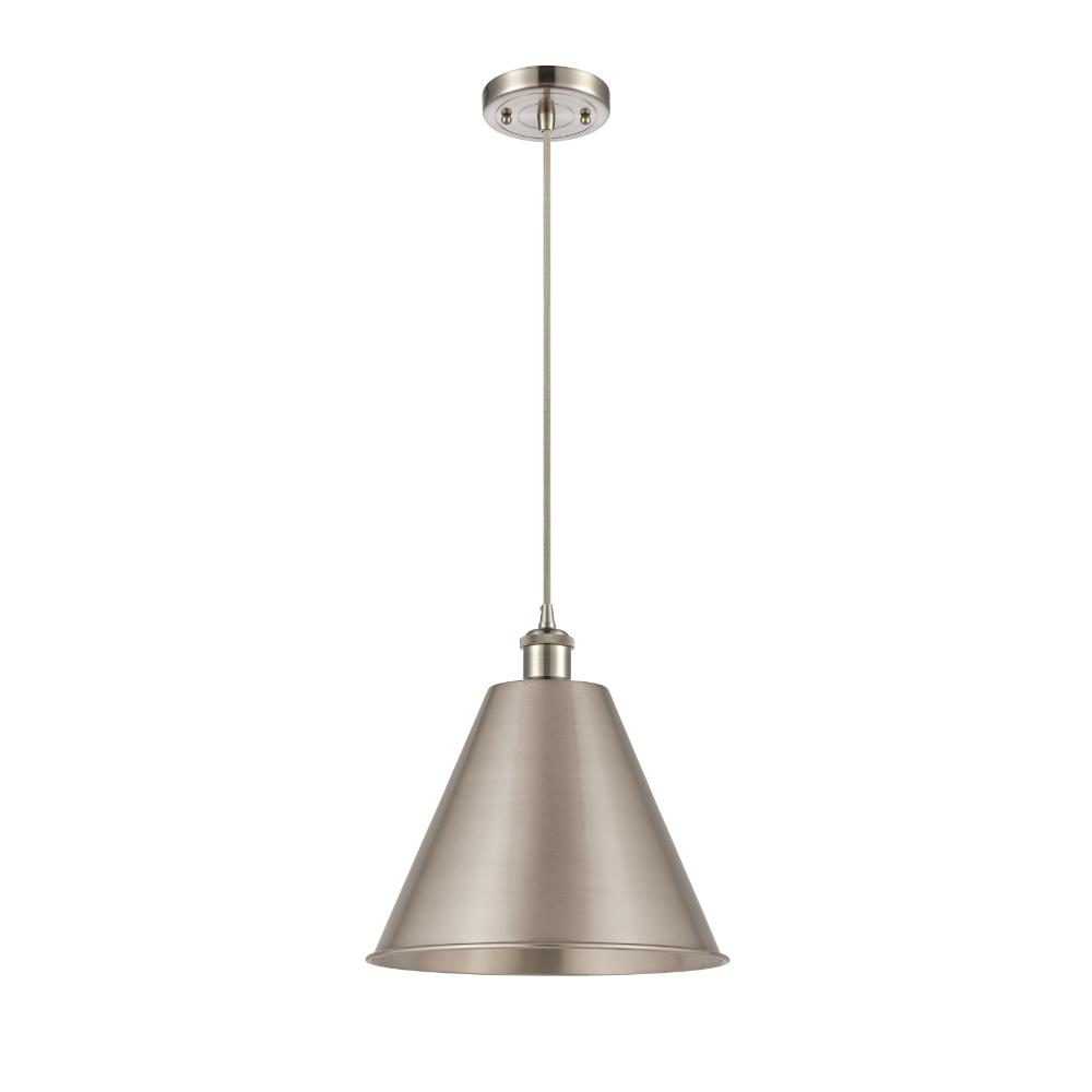 Innovations 516-1P-SN-MBC-12-SN-LED Ballston Cone Mini Pendant in Brushed Satin Nickel with Brushed Satin Nickel Ballston Cone Cone Metal Shade