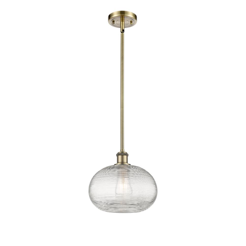 Innovations 516-1S-AB-G555-10CL Ballston - Ithaca - 1 Light 10" Stem Hung Mini Pendant - Antique Brass Finish - Clear Ithaca Shade