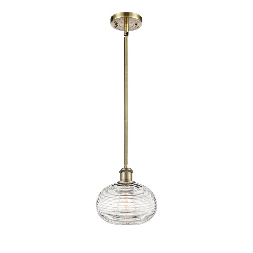 Innovations 516-1S-AB-G555-8CL Ballston - Ithaca - 1 Light 8" Stem Hung Mini Pendant - Antique Brass Finish - Clear Ithaca Shade