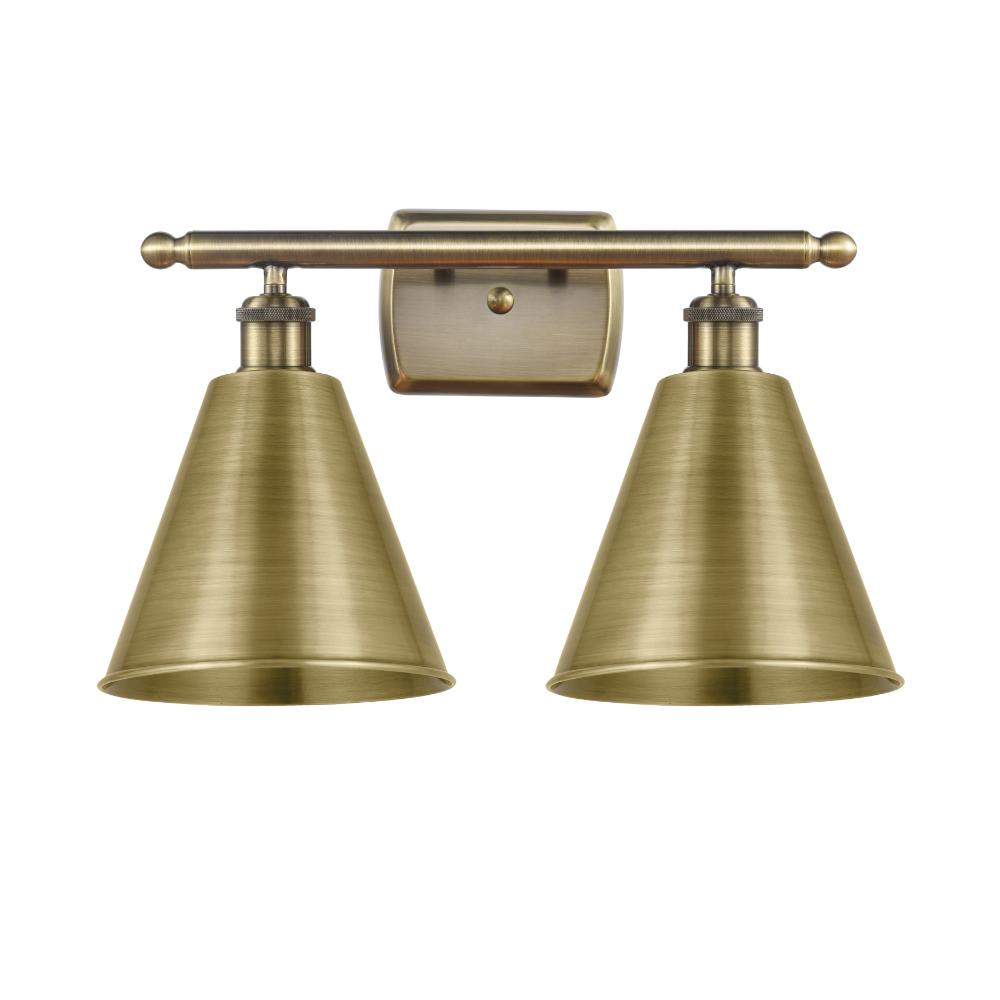 Innovations 516-2W-AB-MBC-8-AB Ballston Cone Bath Vanity Light in Antique Brass with Antique Brass Ballston Cone Cone Metal Shade