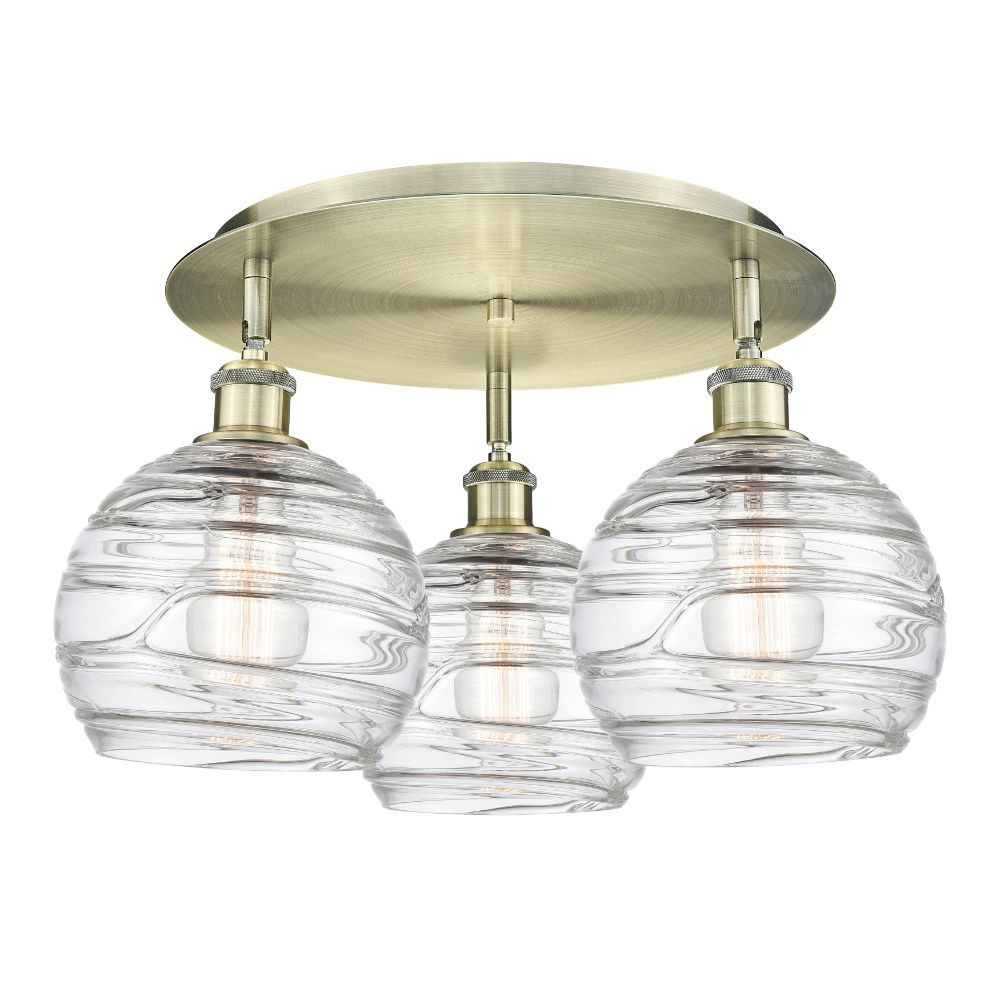 Innovations 516-3C-AB-G1213-8 Athens Deco Swirl - 3 Light 20" Flush Mount - Antique Brass Finish - Clear Deco Swirl Glass Shade