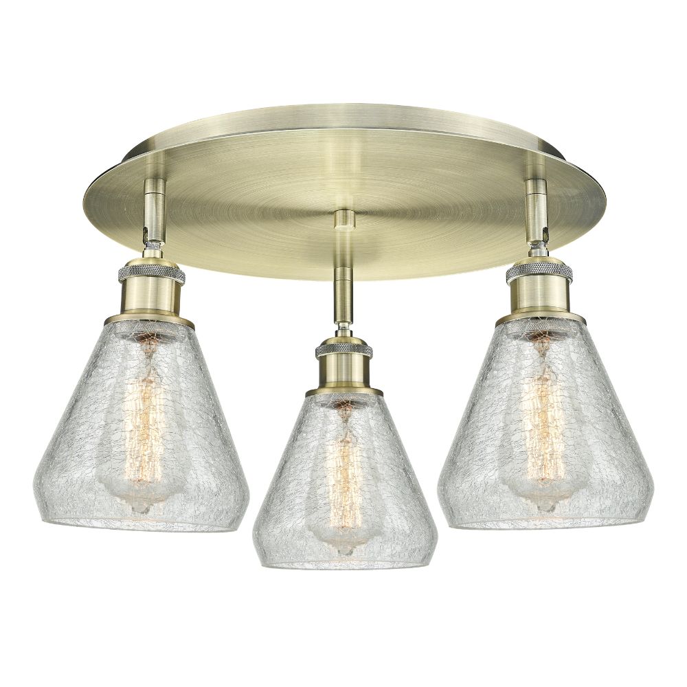 Innovations 516-3C-AB-G275 Conesus - 3 Light 18" Flush Mount - Antique Brass Finish - Clear Crackle Glass Shade