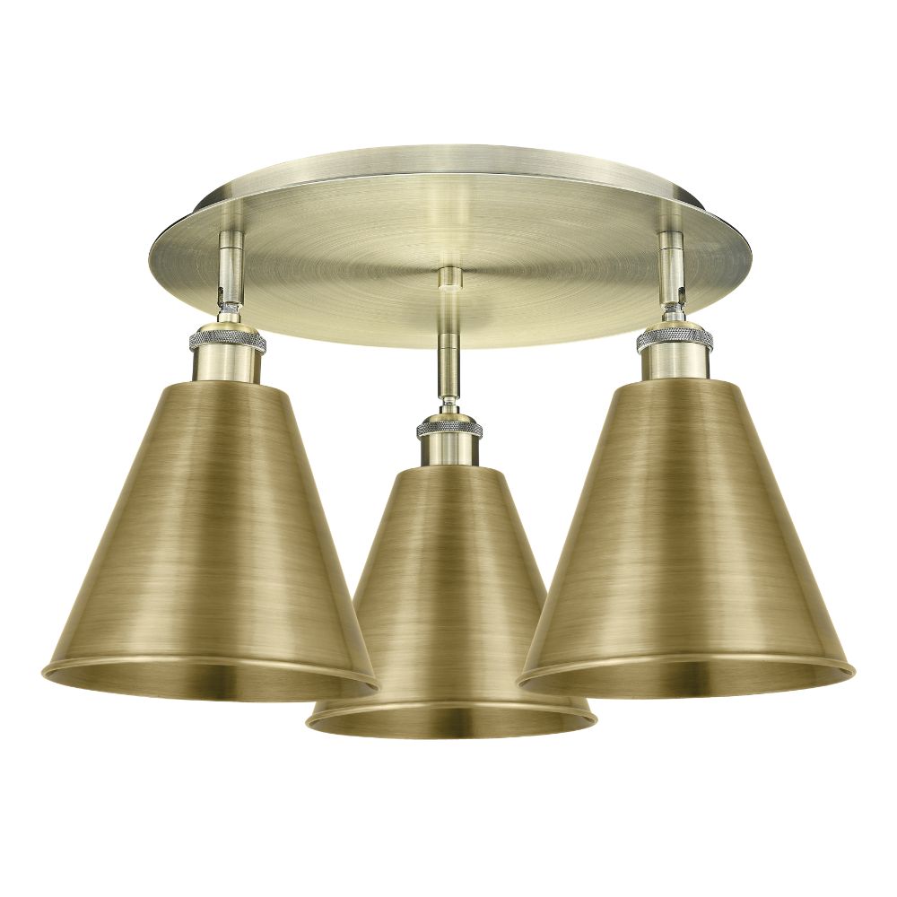 Innovations 516-3C-AB-MBC-8-AB Ballston Cone - 3 Light 20" Flush Mount - Antique Brass Finish - Antique Brass Shade