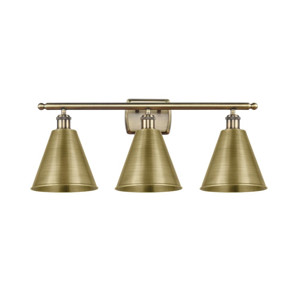 Innovations 516-3W-AB-MBC-8-AB Ballston Cone Bath Vanity Light in Antique Brass with Antique Brass Ballston Cone Cone Metal Shade