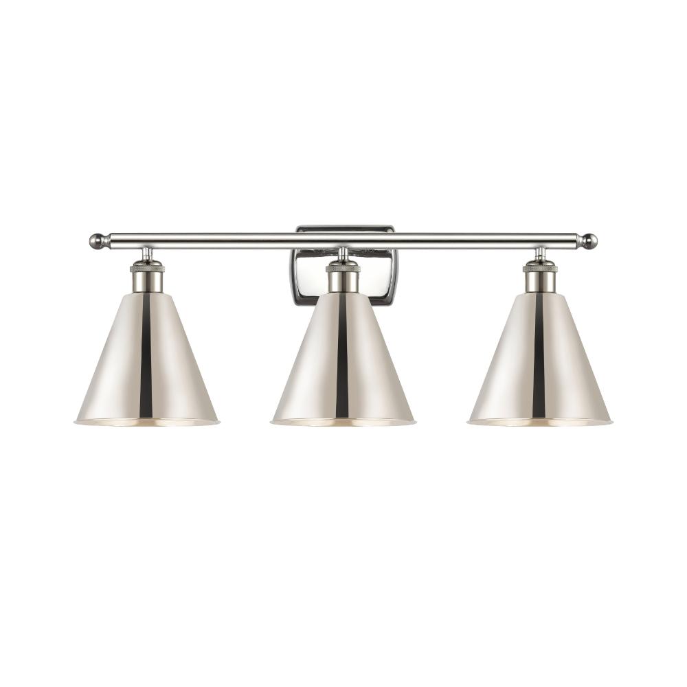 Innovations 516-3W-PN-MBC-8-PN Ballston Cone Bath Vanity Light in Polished Nickel with Polished Nickel Ballston Cone Cone Metal Shade