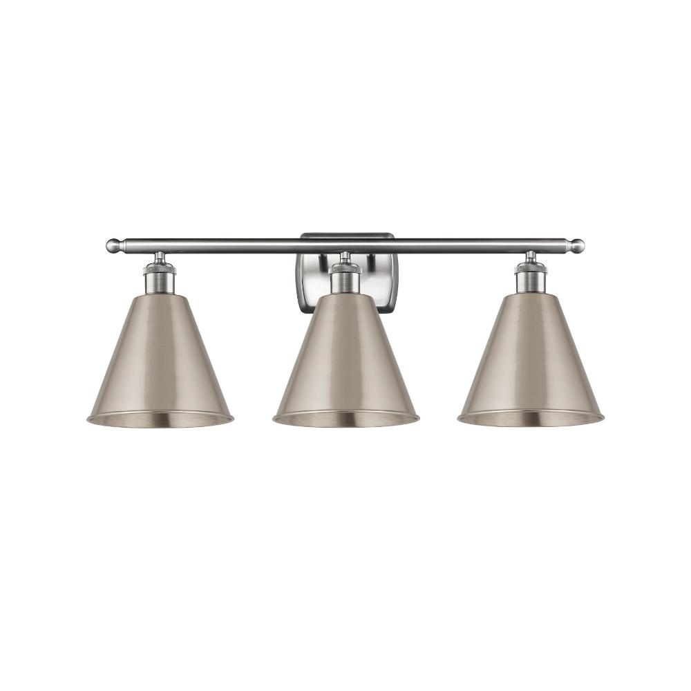 Innovations 516-3W-SN-MBC-8-SN Ballston Cone Bath Vanity Light in Brushed Satin Nickel with Brushed Satin Nickel Ballston Cone Cone Metal Shade