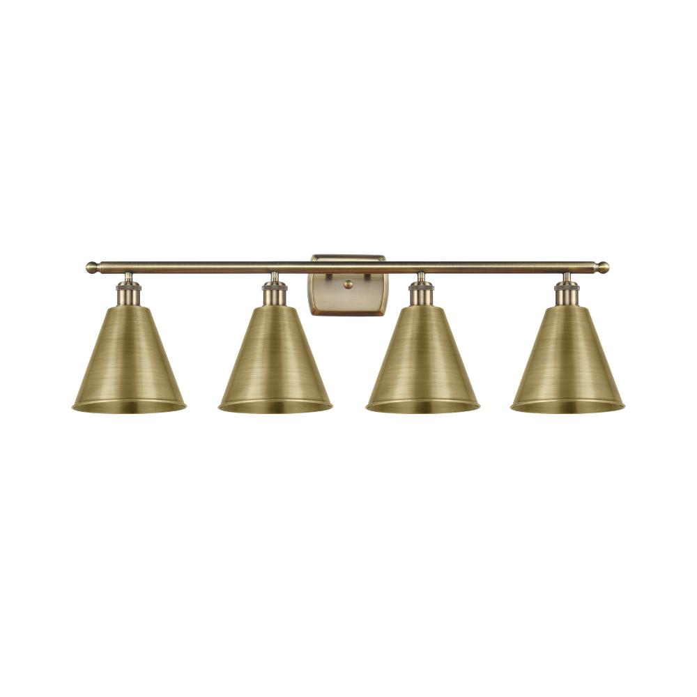 Innovations 516-4W-AB-MBC-8-AB Ballston Cone Bath Vanity Light in Antique Brass with Antique Brass Ballston Cone Cone Metal Shade