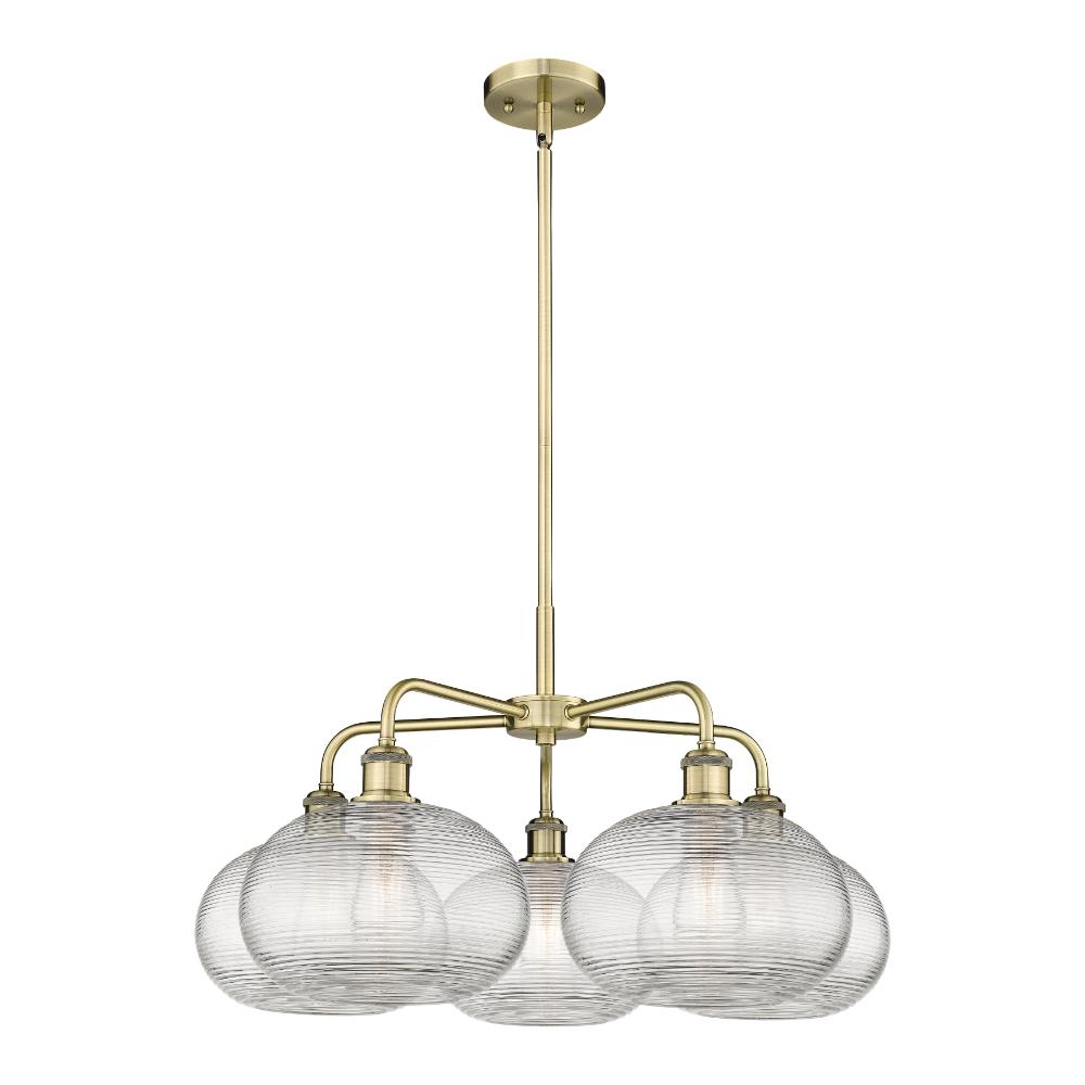Innovations Lighting 516-5CR-AB-G555-10CL Ballston - Ithaca - 5 Light 28" Stem Hung Chandelier - Antique Brass Finish - Clear Ithaca Shade
