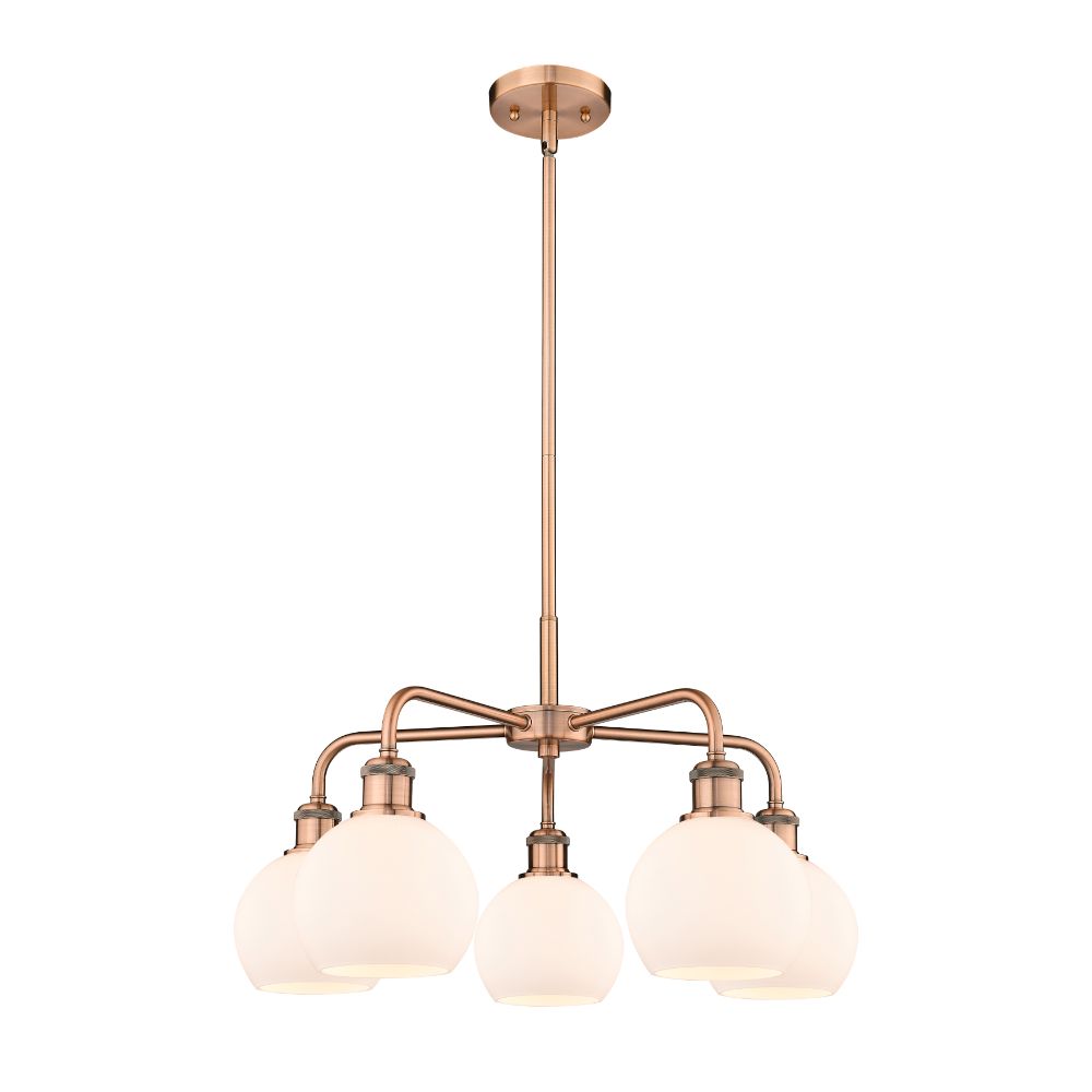 Innovations 516-5CR-AC-G121-6 Athens - 5 Light 24" Stem Hung Chandelier - Antique Copper Finish - Matte White Shade