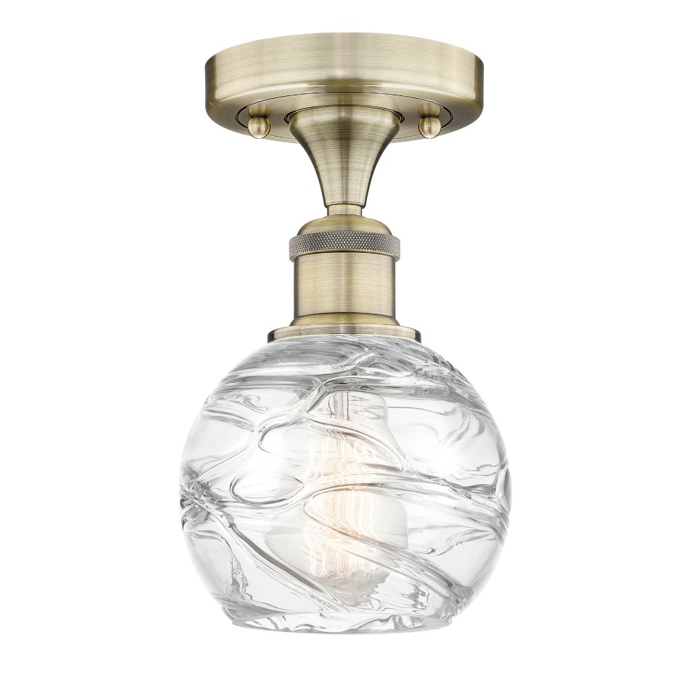 Innovations 616-1F-AB-G1213-6 Athens Deco Swirl - 1 Light 6" Semi-Flush Mount - Antique Brass Finish - Clear Deco Swirl Glass Shade
