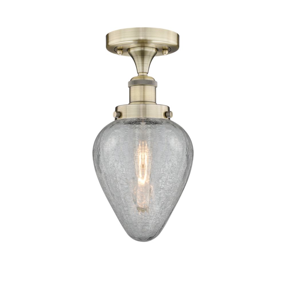 Innovations 616-1F-AB-G165 Geneseo - 1 Light 6" Semi-Flush Mount - Antique Brass Finish - Clear Crackled Glass Shade