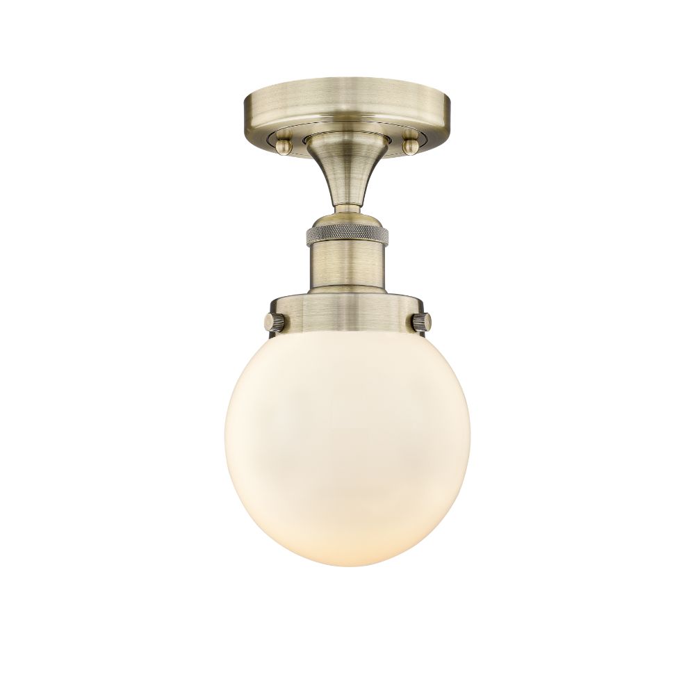 Innovations 616-1F-AB-G201-6 Beacon - 1 Light 6" Semi-Flush Mount - Antique Brass Finish - Matte White Glass Shade