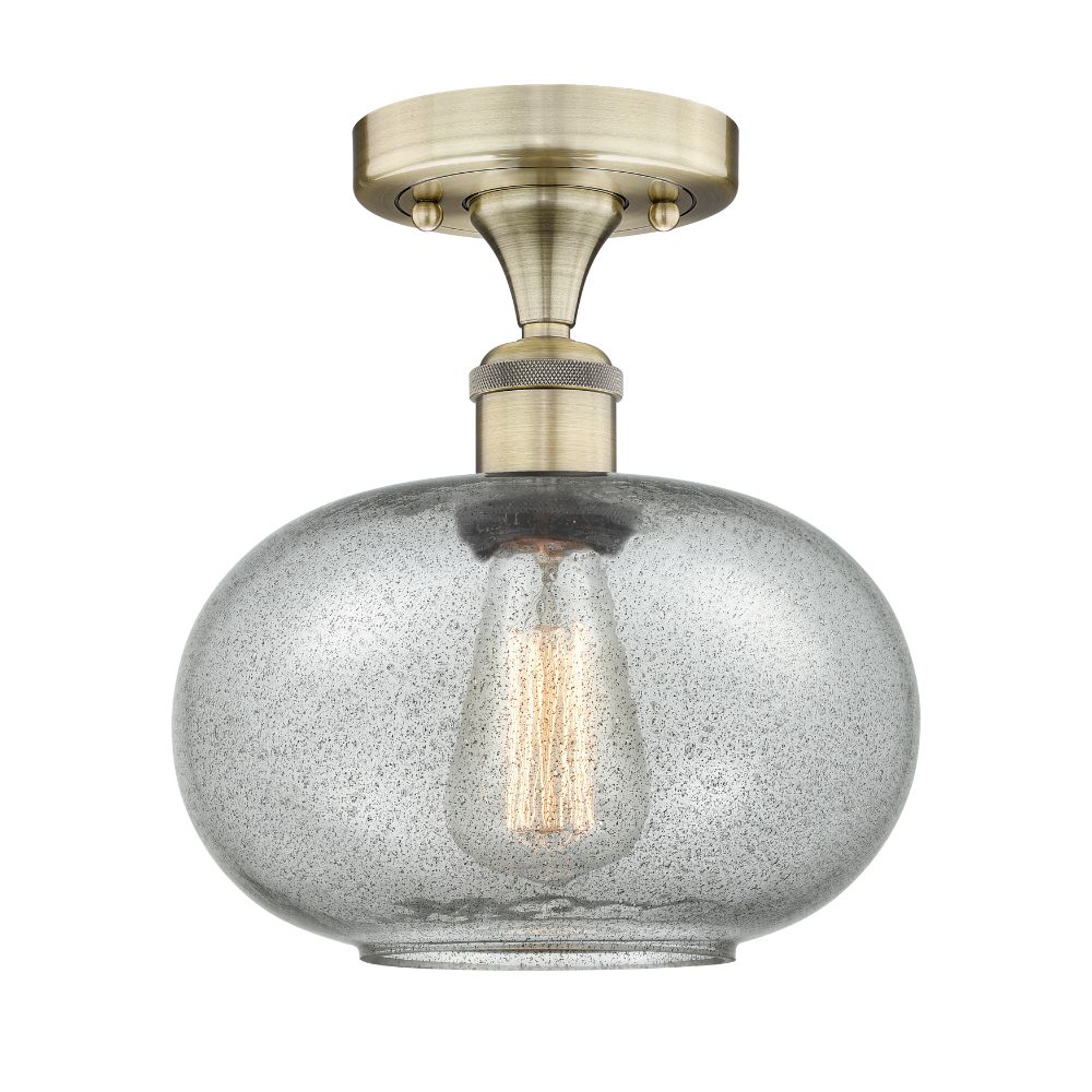 Innovations 616-1F-AB-G247 Gorham - 1 Light 10" Flush Mount - Antique Brass Finish - Charcoal Glass Shade